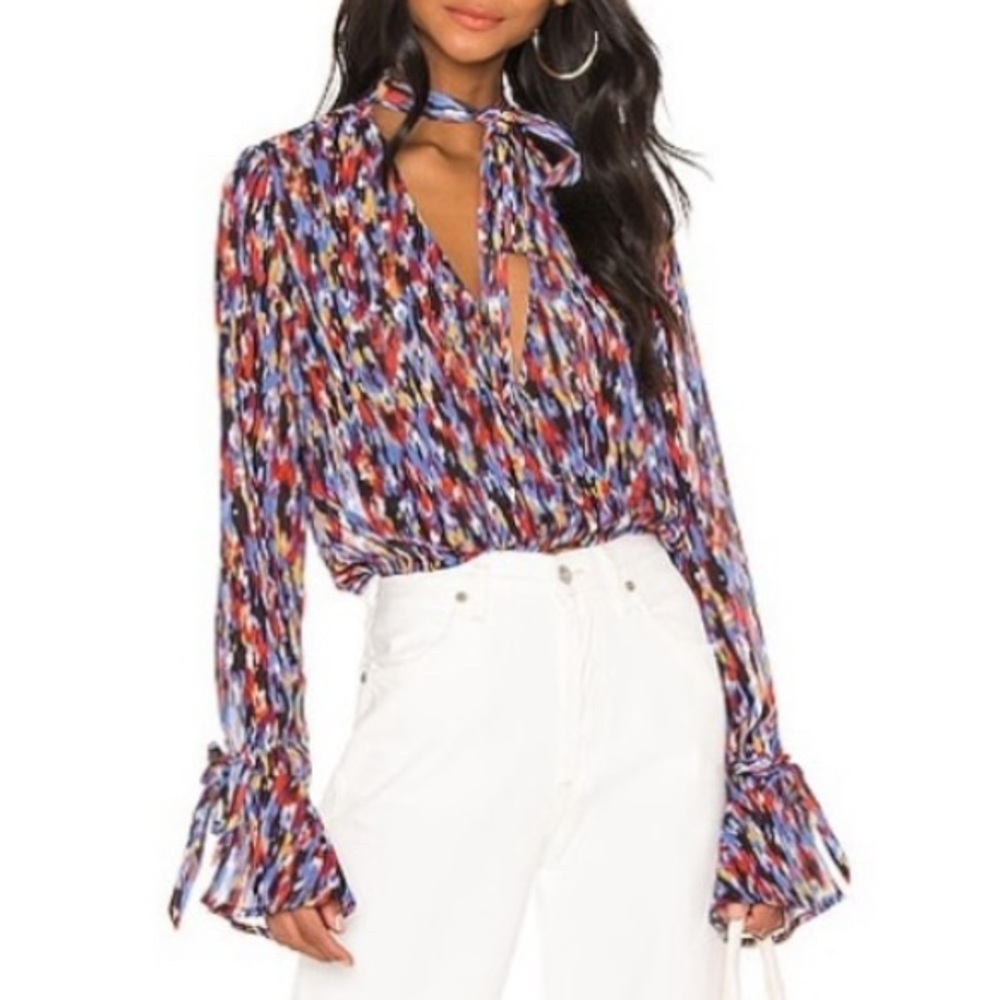 HOUSE OF HARLOW 1960 x REVOLVE Joli Tie Cuff Blouse in Blue Multi